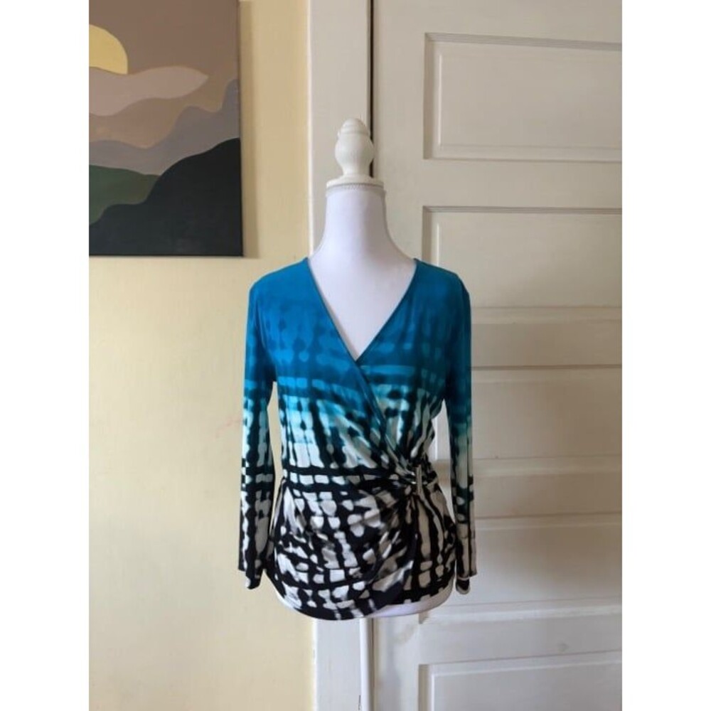 Calvin Klein woman's faux wrap top silky blue business casual vibrant v neck